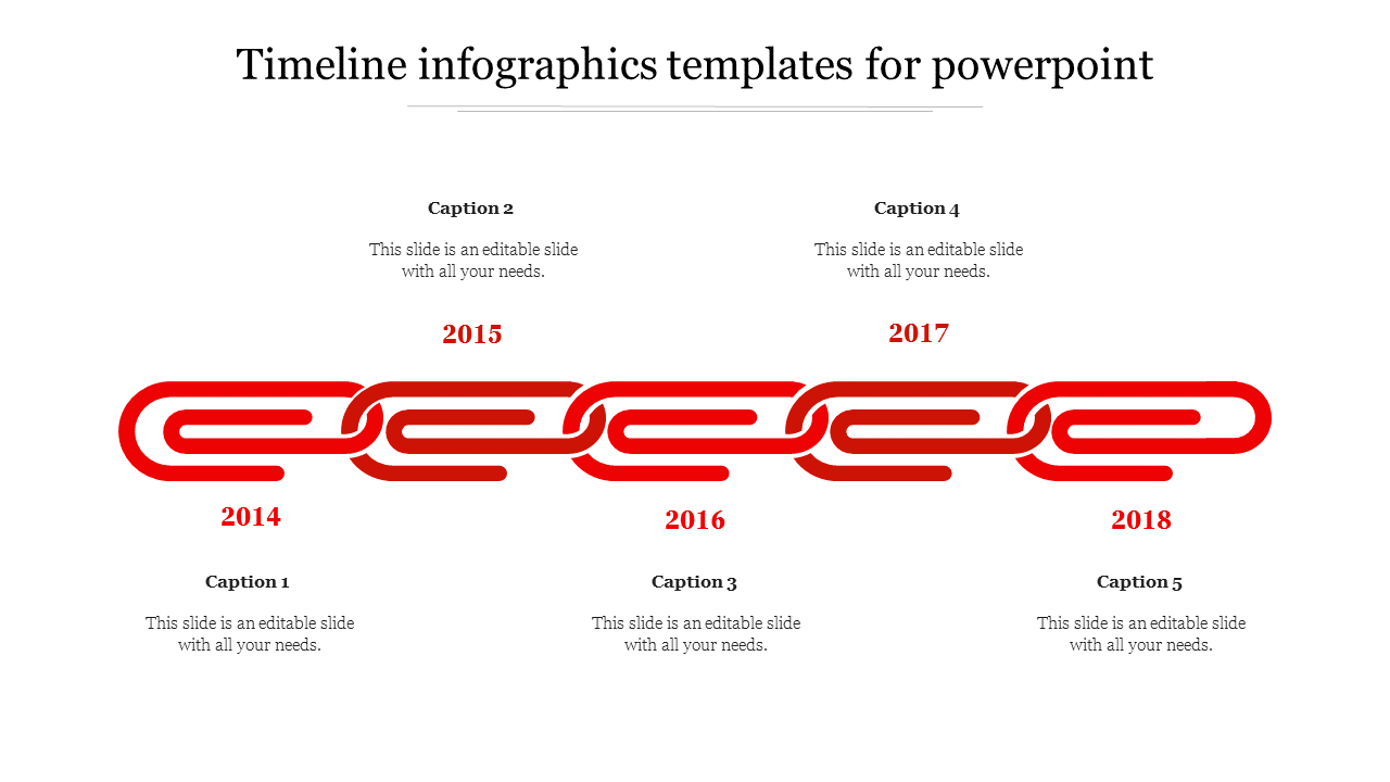 Timeline infographic PowerPoint slide featuring a red chain link design with key milestones from 2014 to 2018 and captions.