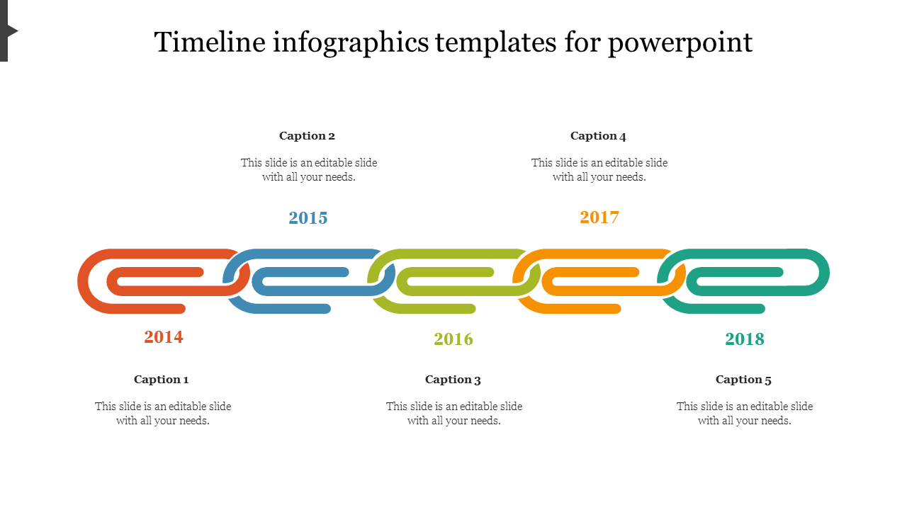 Timeline slide with a series of colored chain links in red, blue, green, orange, and teal, with year from 2014 to 2018.