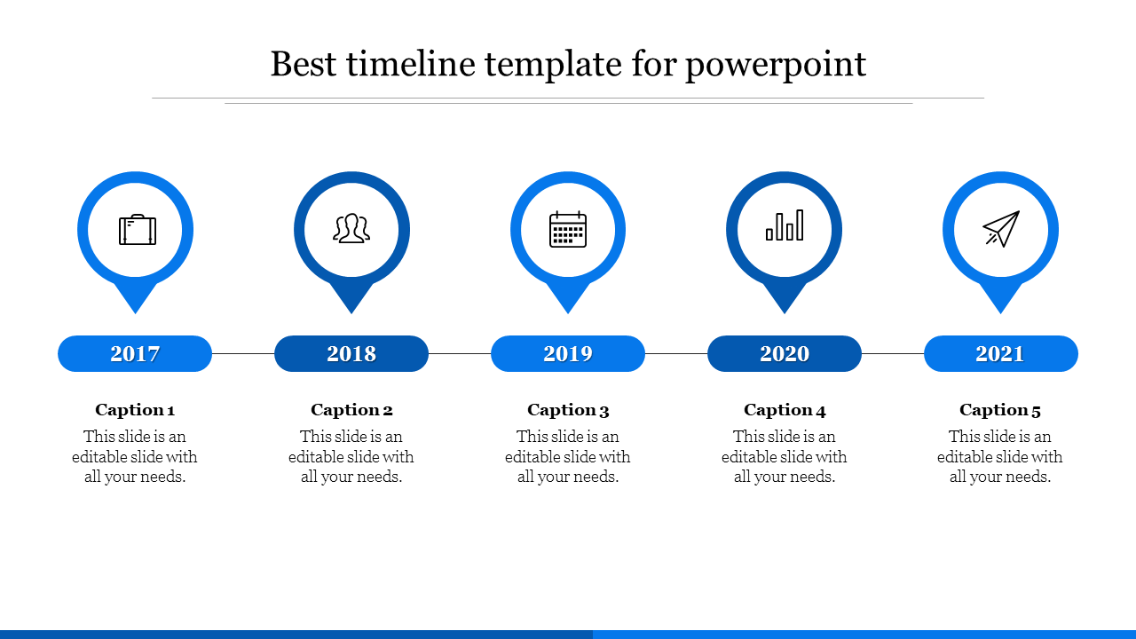 Blue themed timeline layout with five circular year markers from 2017 to 2021, with icons and text boxes.