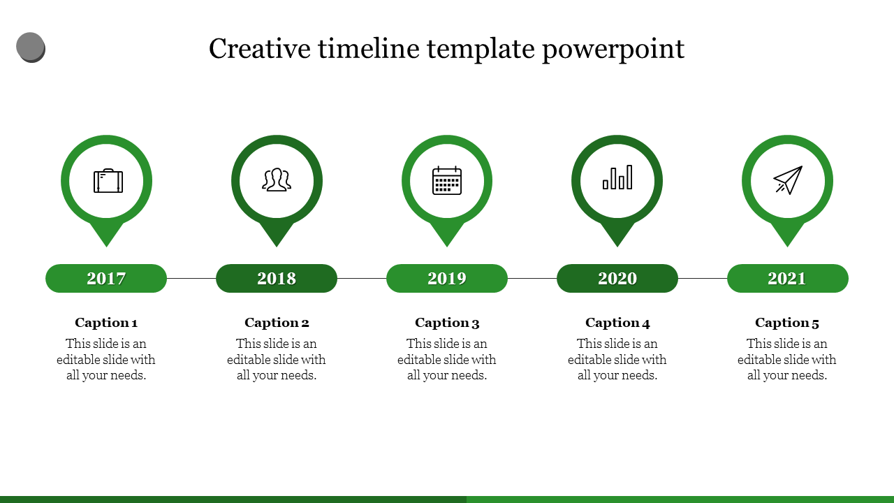 Green-themed timeline with icons representing milestones from 2017 to 2021, each with a caption area.