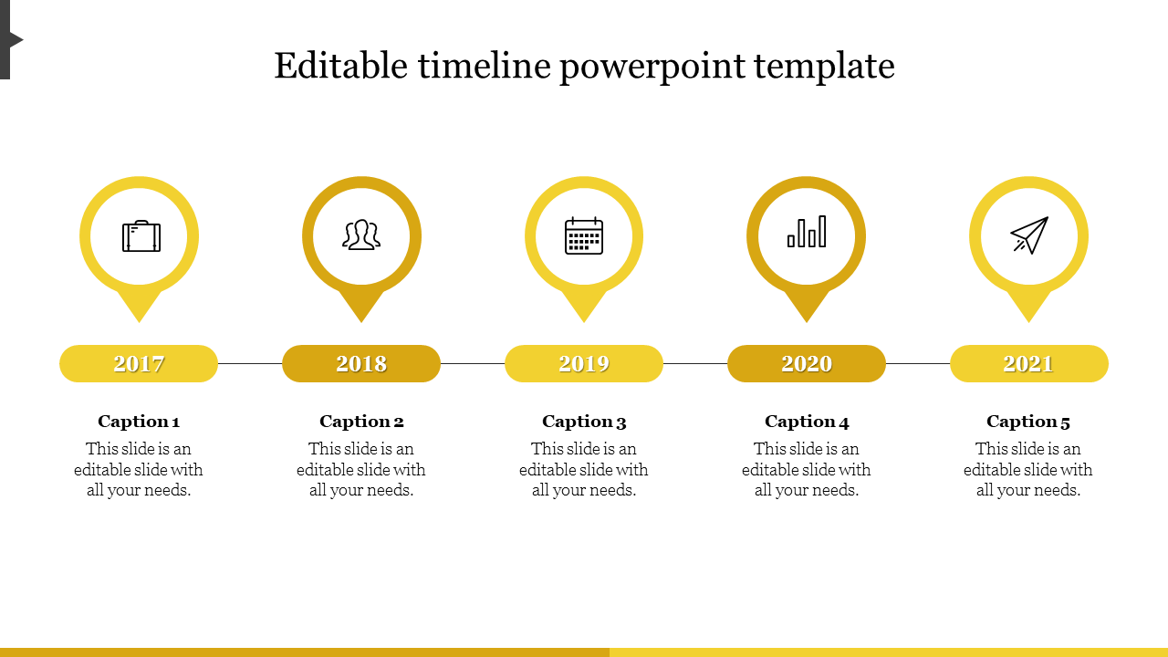 Timeline PPT slide with five milestone markers from 2017 to 2021, featuring yellow icons with captions on a white backdrop.