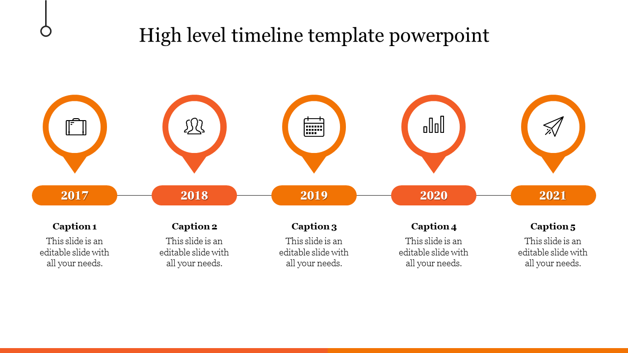 Orange themed five year timeline markers from 2017 to 2021, featuring icons and captions below.