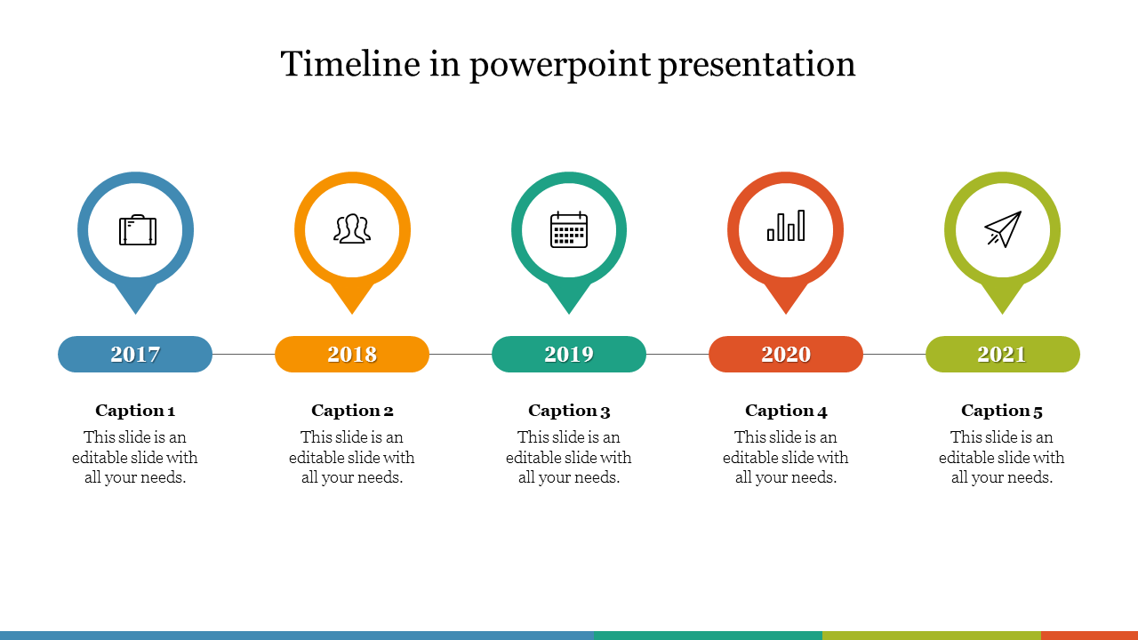 Timeline slide showing key milestones from 2017 to 2021, each year marked by a colorful icon and caption.