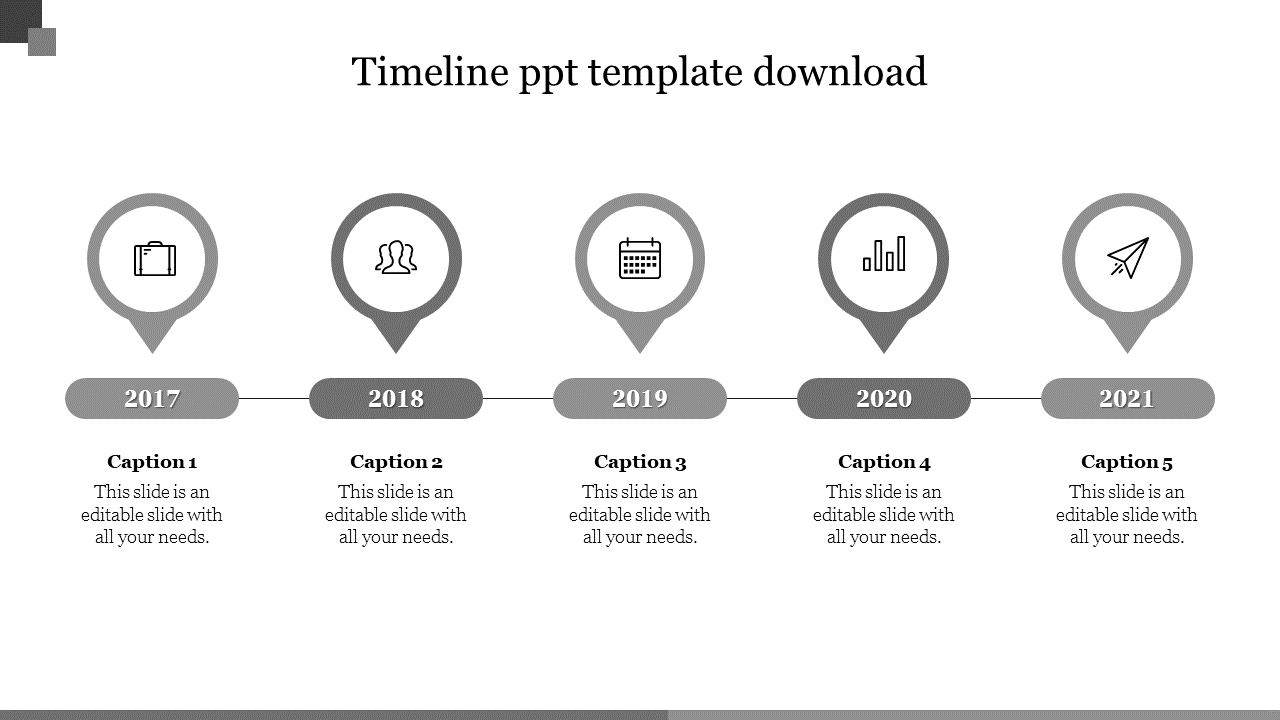 Gray themed timeline slide with five circular milestones, each representing year from 2017 to 2021, with text placeholders.