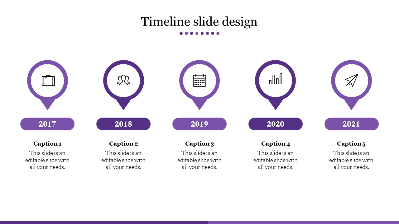 Timeline PPT slide with five milestone markers from 2017 to 2021, featuring purple icons with captions on a white backdrop.