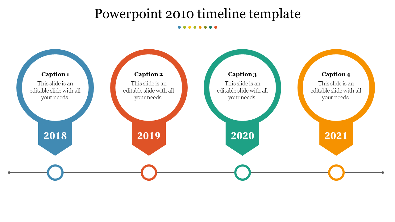 Four colored circular markers containing texts, with year from 2018 to 2021, connected by a thin horizontal line.