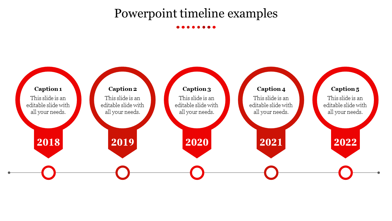 Timeline layout with five red circle markers, each representing different years from 2018 to 2022.