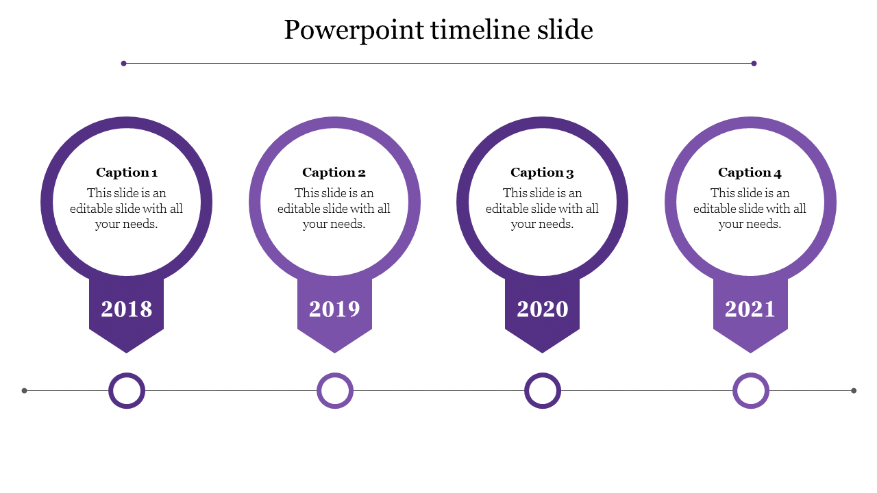 Timeline PPT template with four purple circles from 2018 to 2021, featuring text areas on a white backdrop.