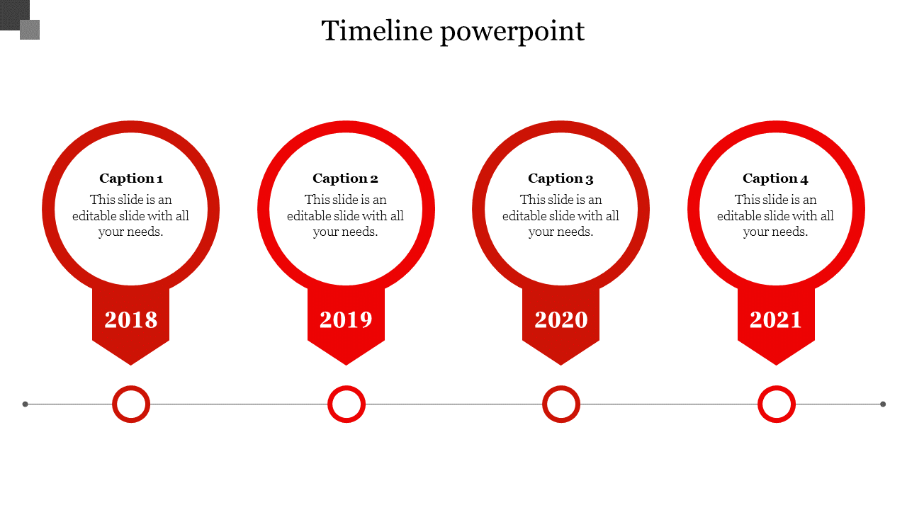 Horizontal timeline with red markers for the years 2018 to 2021, each containing placeholder text.