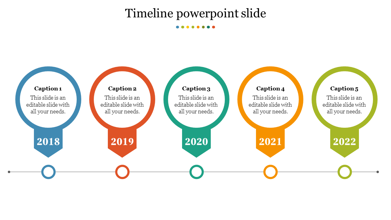 A timeline slide featuring five circular markers representing the years 2018 to 2022, each with caption sections for text input.