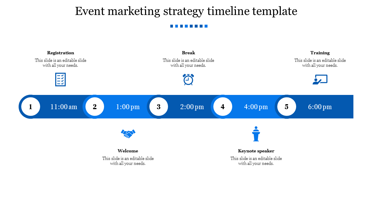 Timeline slide showing event milestones from eleven am to six pm, featuring icons and descriptions for each activity.