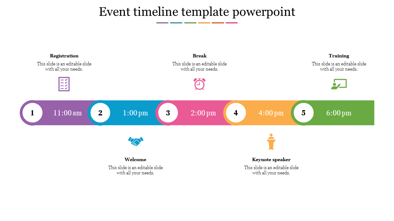 Colorful event timeline slide showing a detailed schedule with five time slots, icons, and event descriptions.