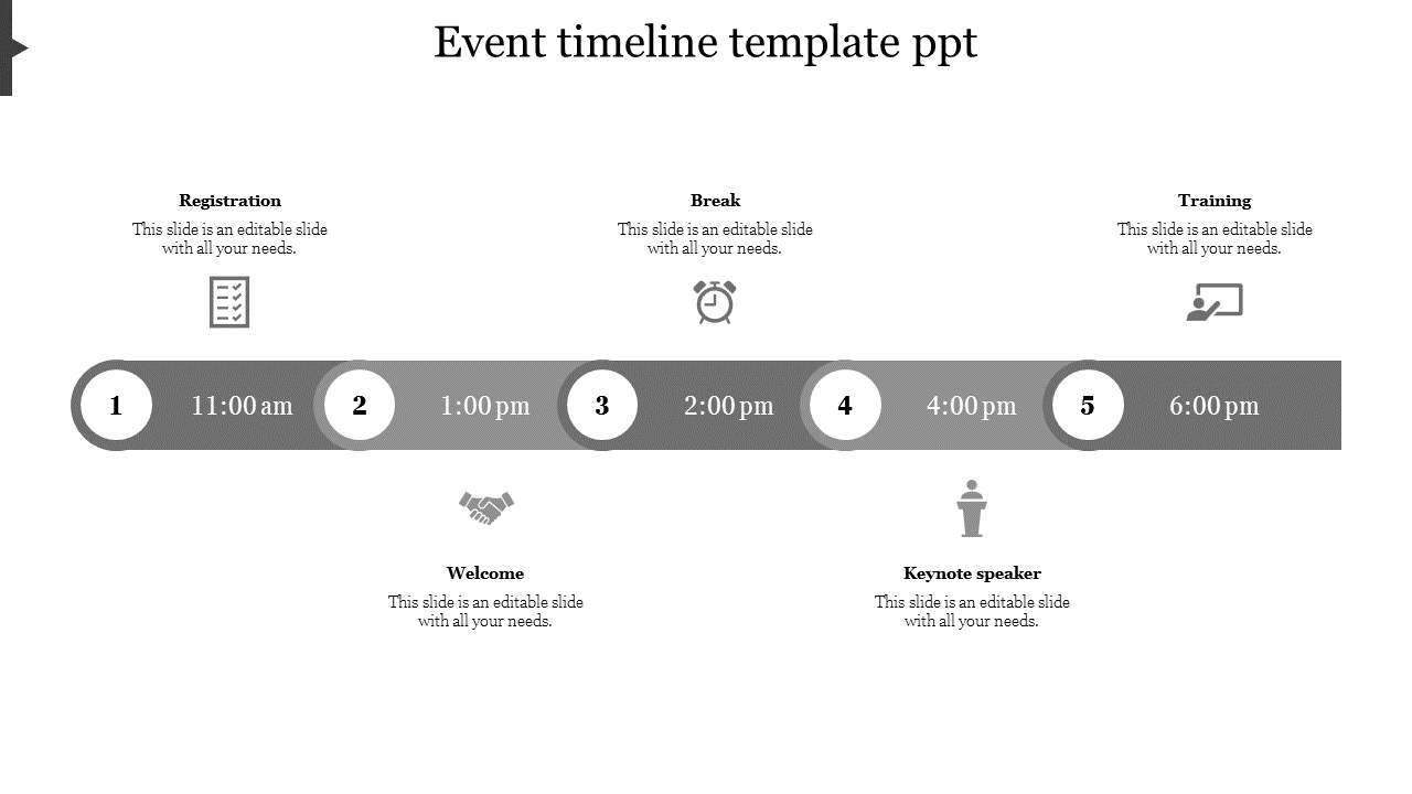 Grey themed event timeline PowerPoint template with a structured schedule from 11.00 AM to 6.00 PM and activity icons.