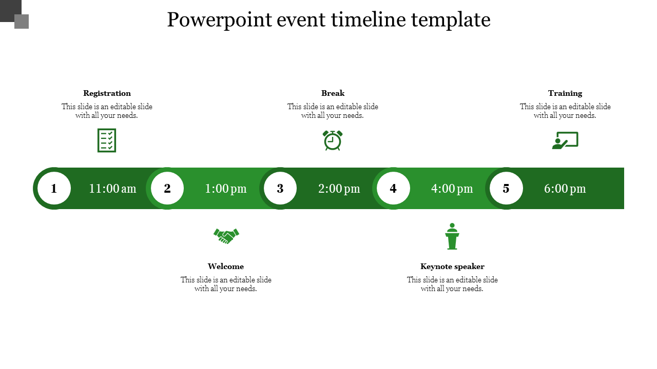 Green horizontal event timeline bar with five numbered circular markers, showing time slots.