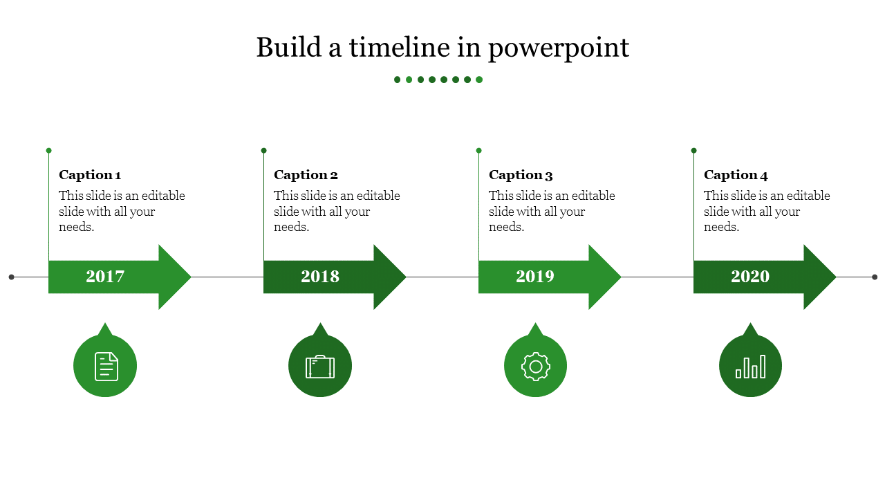 Green arrow timeline with years 2017 to 2020, captions, and circular icons below on a white background.