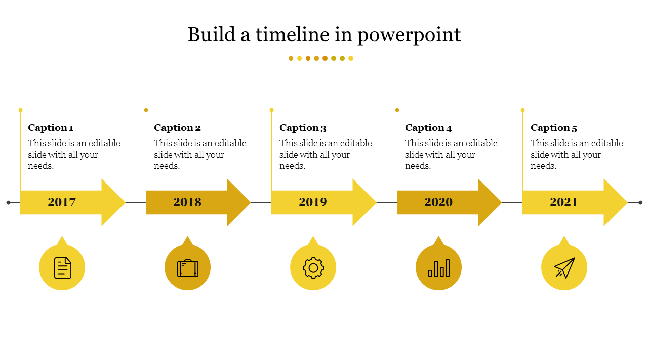 Horizontal timeline with yellow arrows representing yearly milestones from 2017 to 2021 each with caption areas.