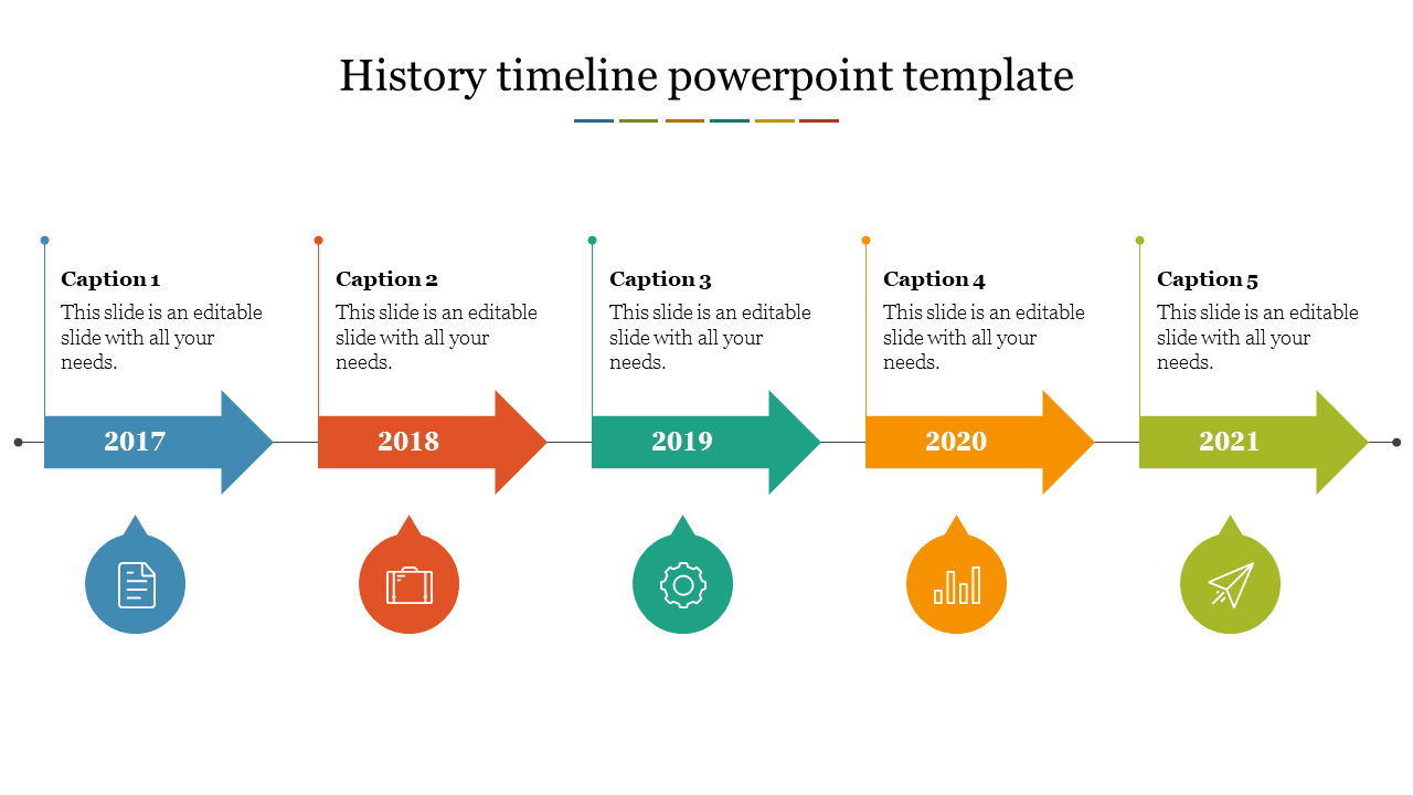 Color coded timeline slide from 2017 to 2021, featuring arrows for each year and text captions with icons.