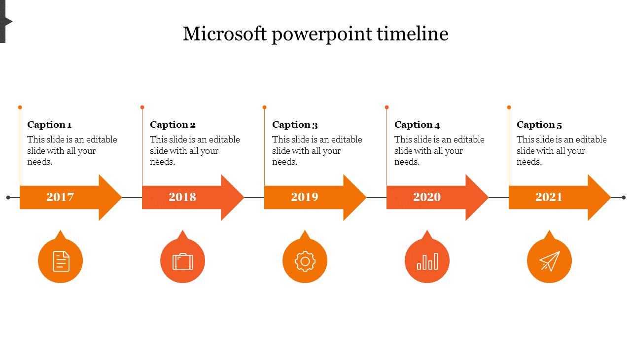 Timeline template with five orange arrows and year markers from 2017 to 2021, paired with icons and text descriptions.