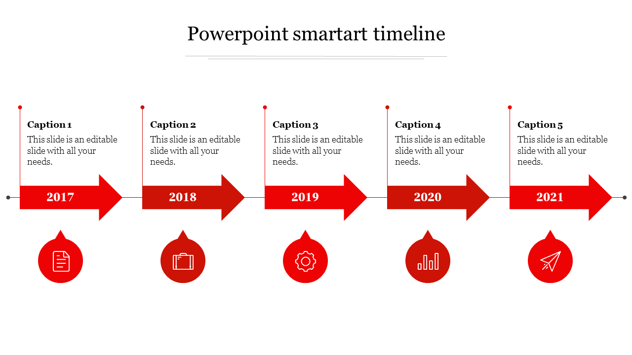 Smart art timeline slide showcasing key events from 2017 to 2021 with red colored icons for each year and caption text.