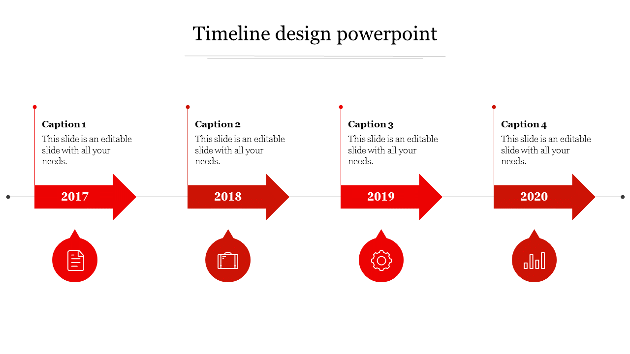 Timeline slide featuring four milestones from 2017 to 2020, with red arrows, each with circular icons and captions.