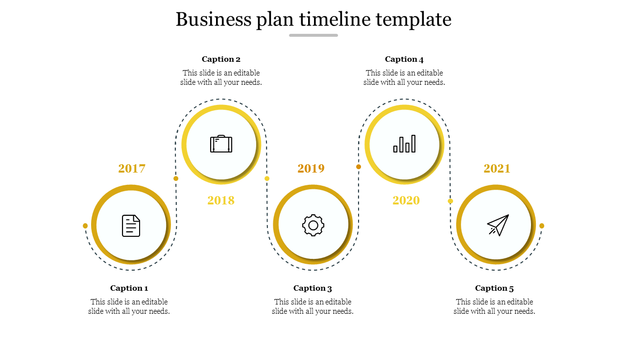 Business plan timeline slide with 5 milestone years from 2017 to 2021, connected by a dotted path with yellow circular icons.