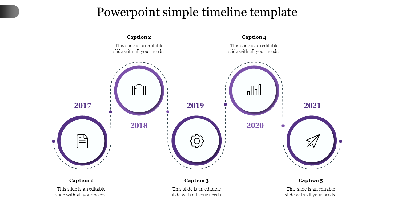 Business plan timeline slide with 5 milestone years from 2017 to 2021, connected by a dotted path with purple circular icons.