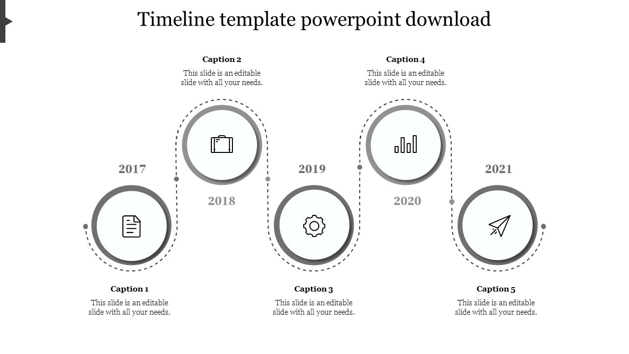 Business plan timeline slide with 5 milestone years from 2017 to 2021, connected by a dotted path with grey circular icons.