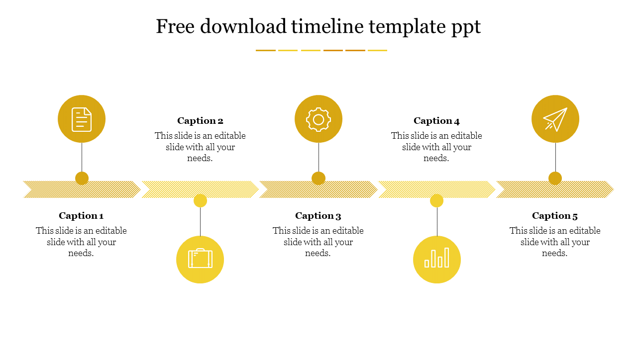 A horizontal yellow timeline with five circular nodes and connected arrows, each with text on a white backdrop.