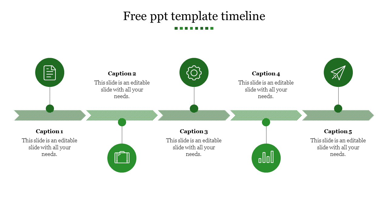 Timeline slide with five green icons representing key milestones and captions for each point in the process.