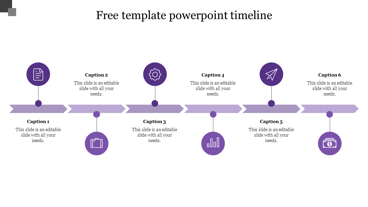  Timeline template showing six steps connected by purple arrows, with icons and caption areas under each step.