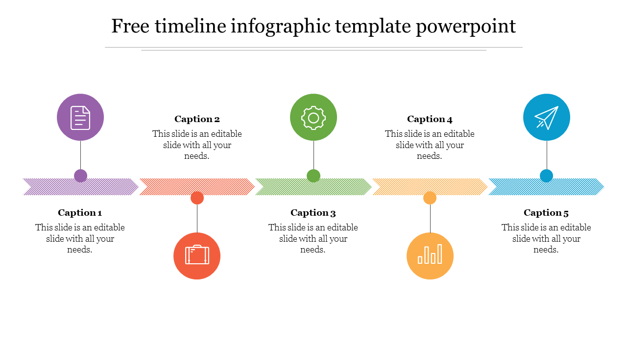 A five step timeline infographic template with colorful icons and captions showing a progression of events.