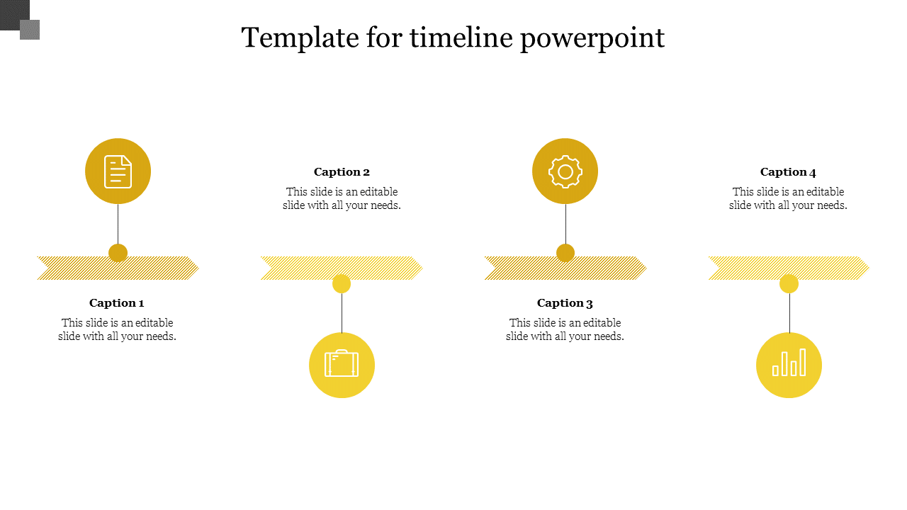 Simple yellow timeline with four circle shaped icons for year, and striped arrows connecting each milestone.