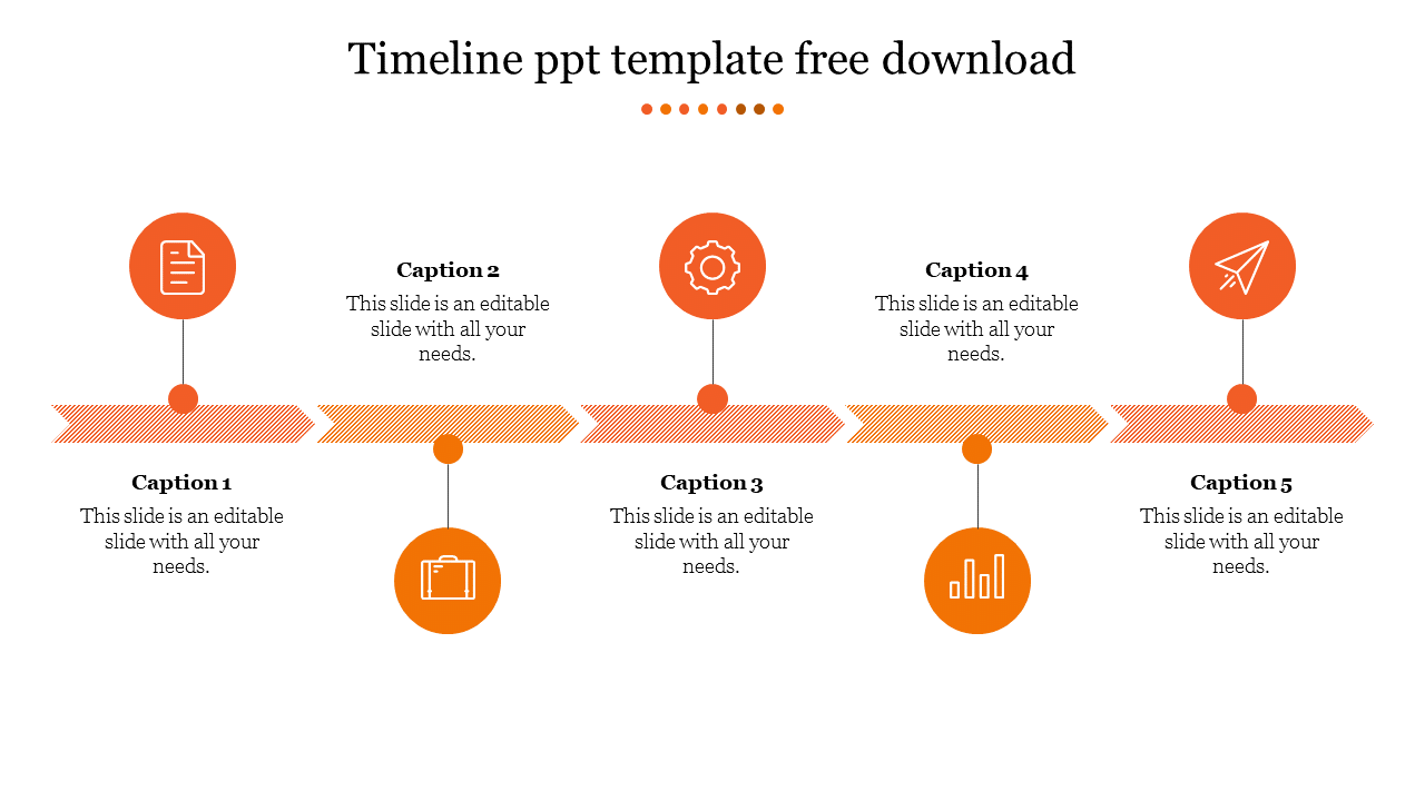 Slide featuring an orange timeline with five stages, each represented by an icon and space for captions.