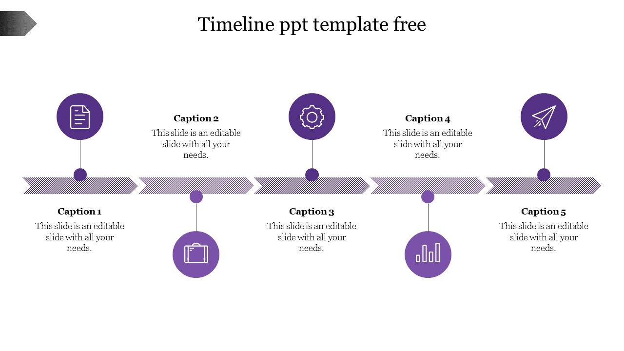 Timeline slide showcasing five sections with purple colored icons and space for captions.