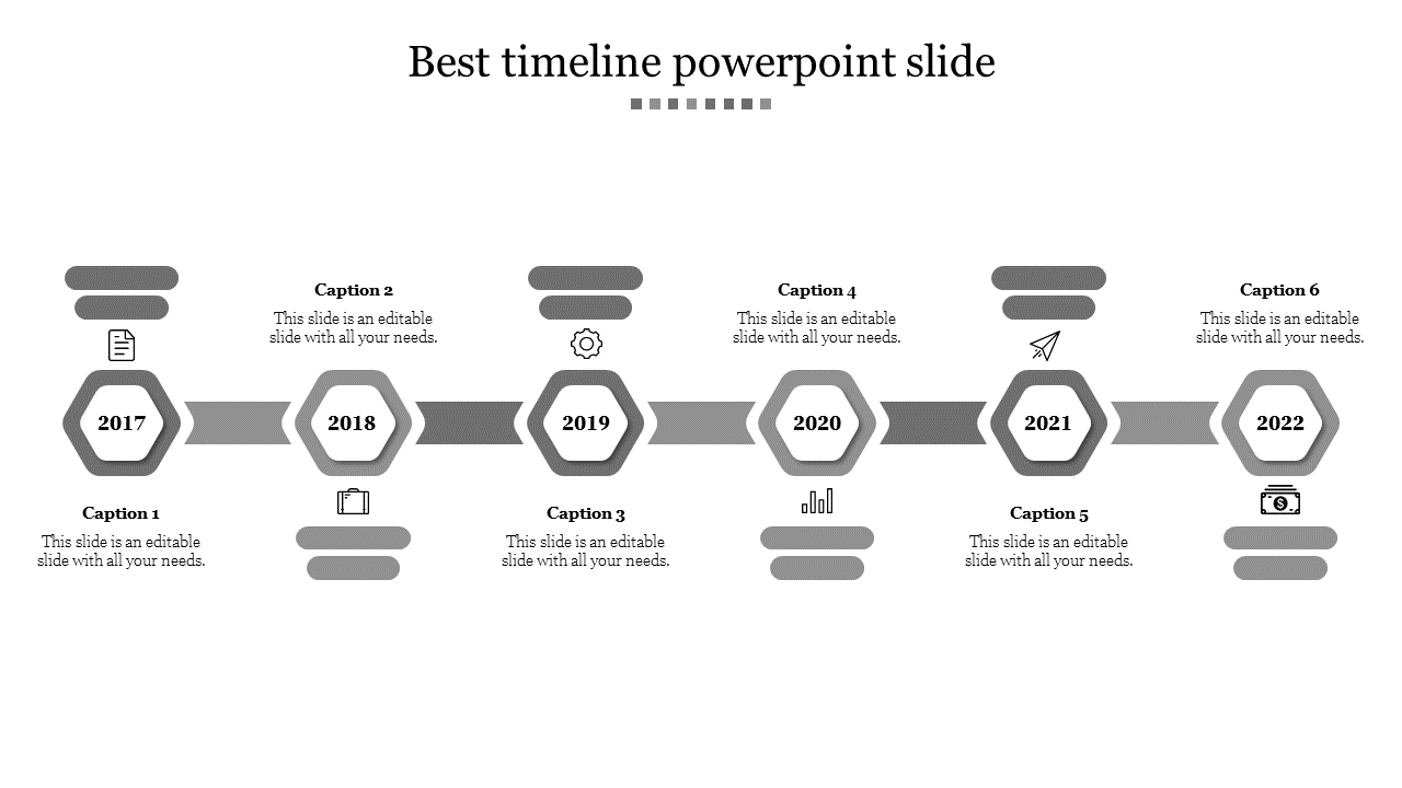 Gray themed timeline with six hexagon markers for years 2017 to 2022, connected by lines, with text areas.