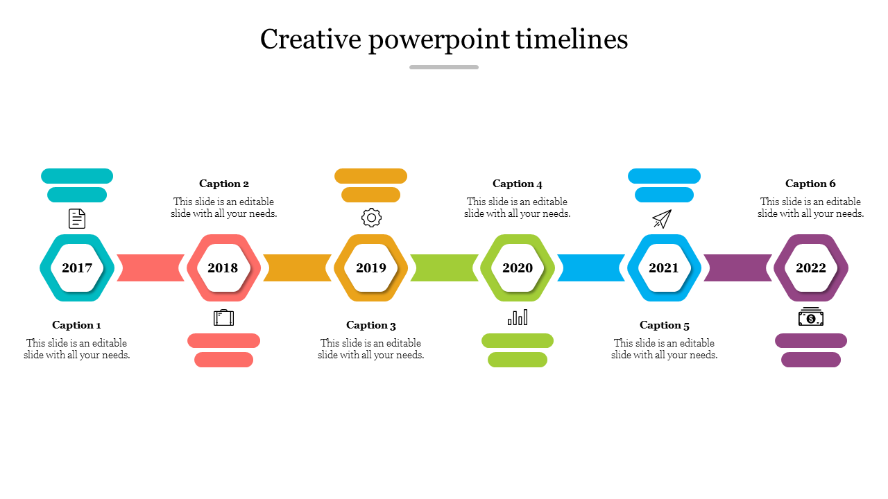 Creative timeline with six colorful hexagons representing years 2017 to 2022, each linked by arrows and paired with icons.