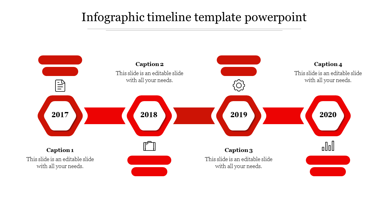 Red themed timeline with four hexagons marking 2017 to 2020, linked by bars, each with icons and captions.