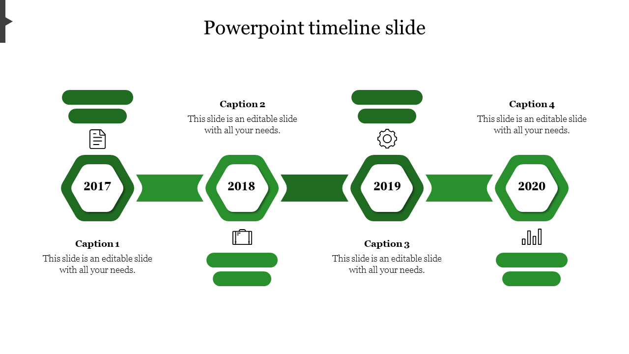 Four green hexagonal year markers connected by lines, with text sections and on a white background.