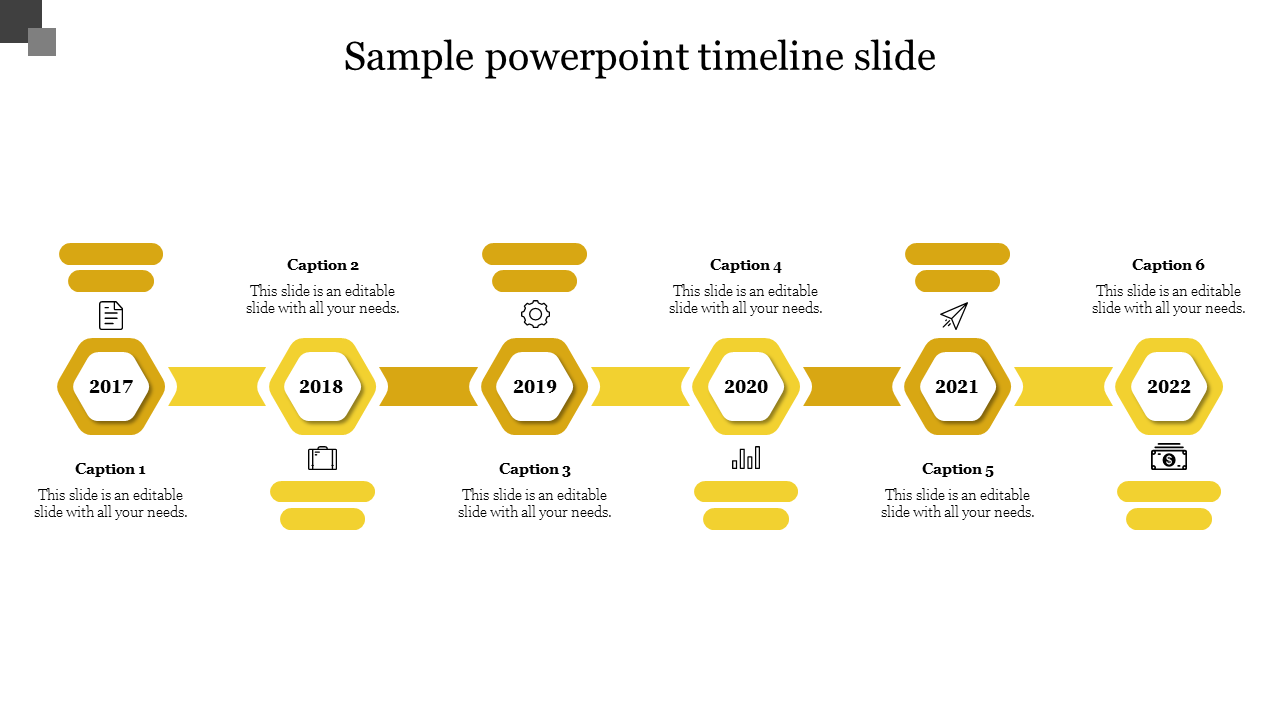 Yellow hexagonal timeline slide with six milestones from 2017 to 2022 with captions and placeholder text on a white backdrop.