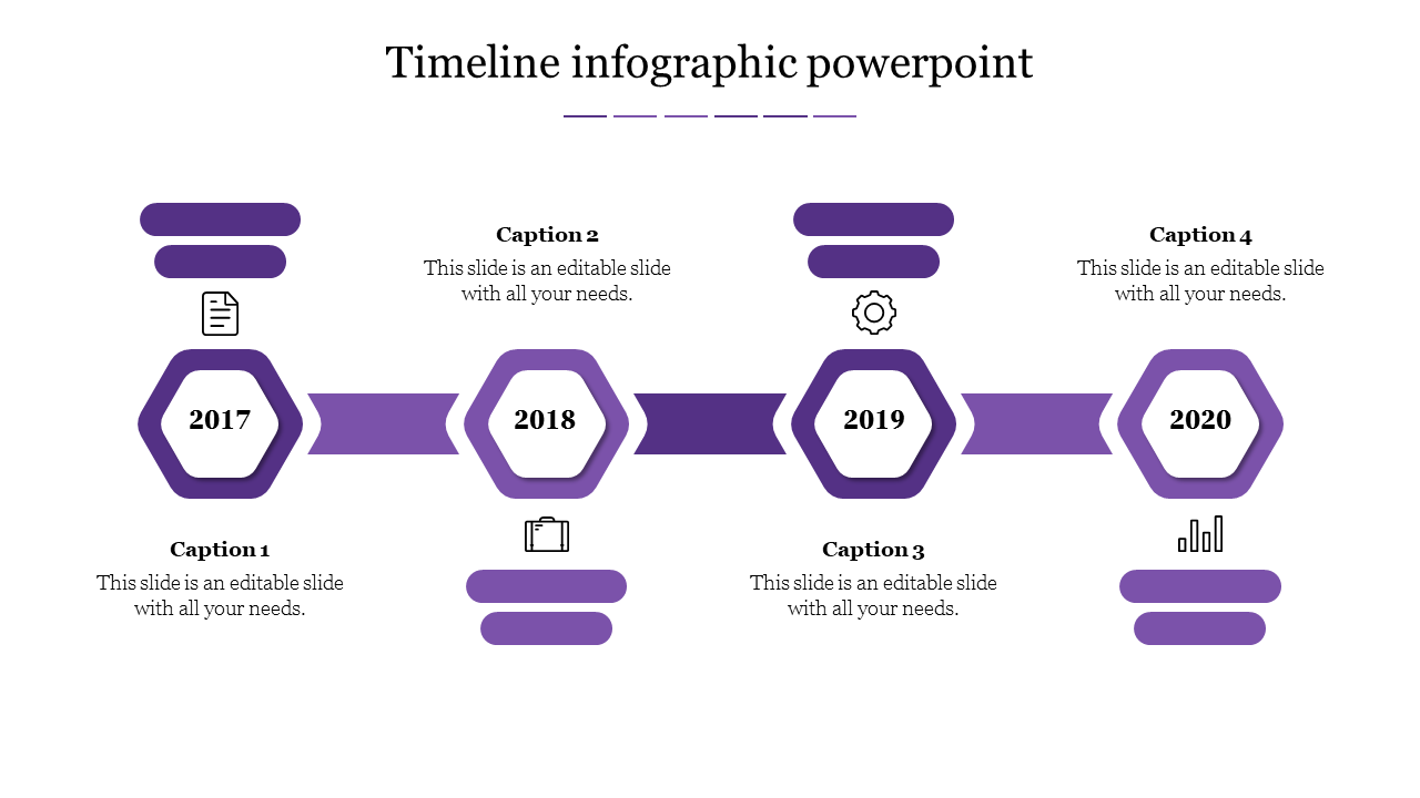 Purple-themed infographic timeline with  markers for 2017 to 2020, each linked by arrows, with icons and caption areas.