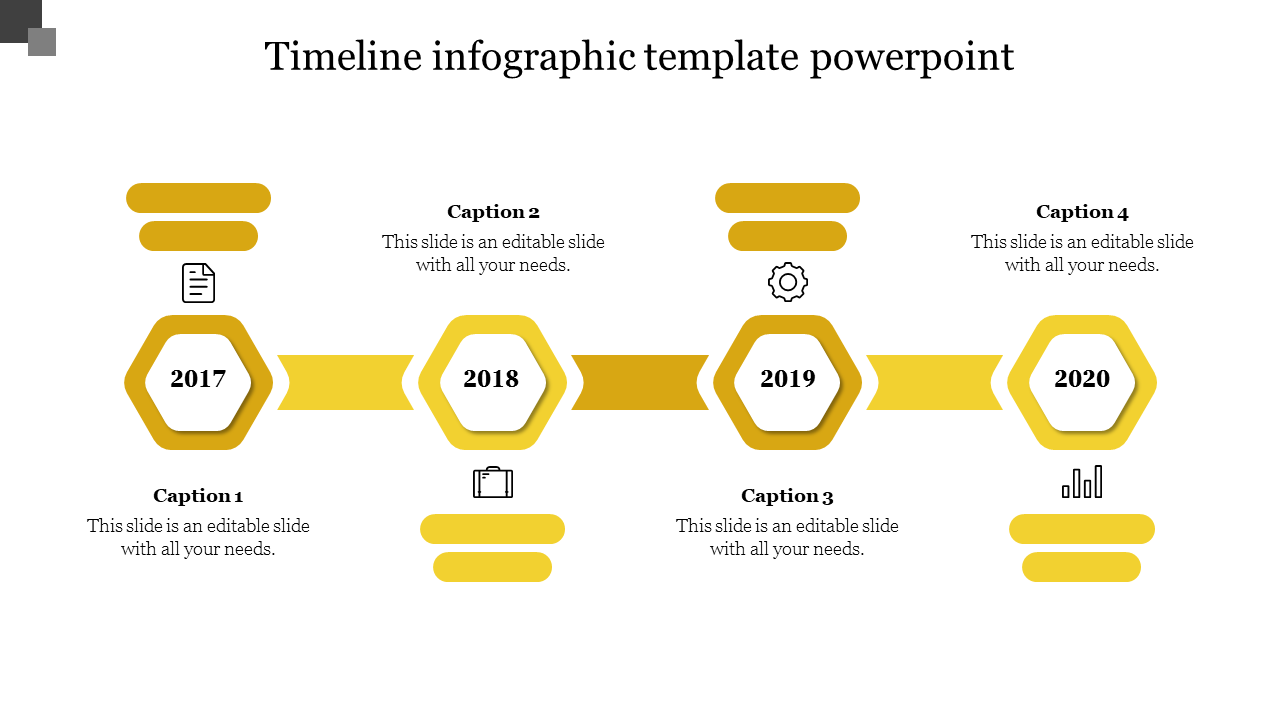 Yellow themed timeline infographic PowerPoint template with hexagonal year markers with captions and placeholder text.