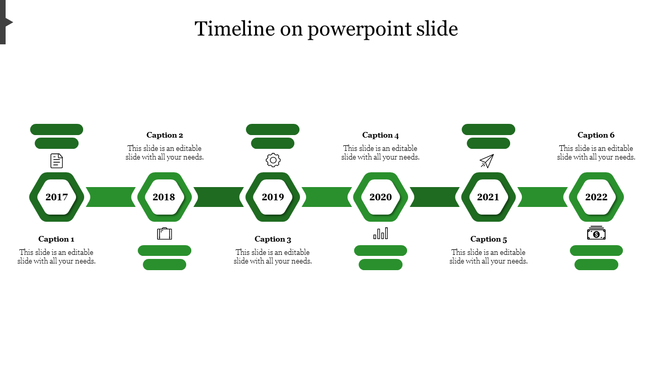 Timeline design with six green hexagonal year markers from 2017 to 2022, each paired with icons and caption areas.