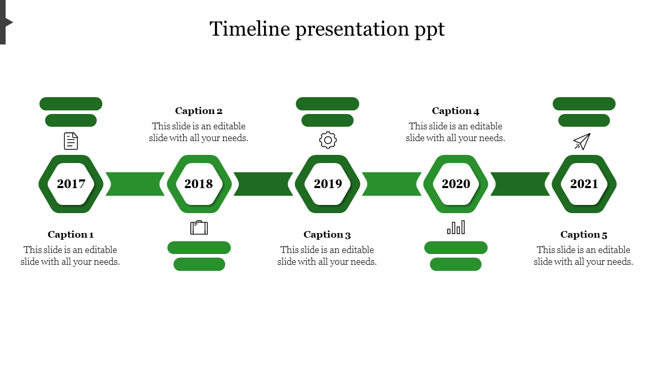 Green themed timeline PowerPoint slide with hexagonal year markers from 2017 to 2021 with captions and placeholder text.