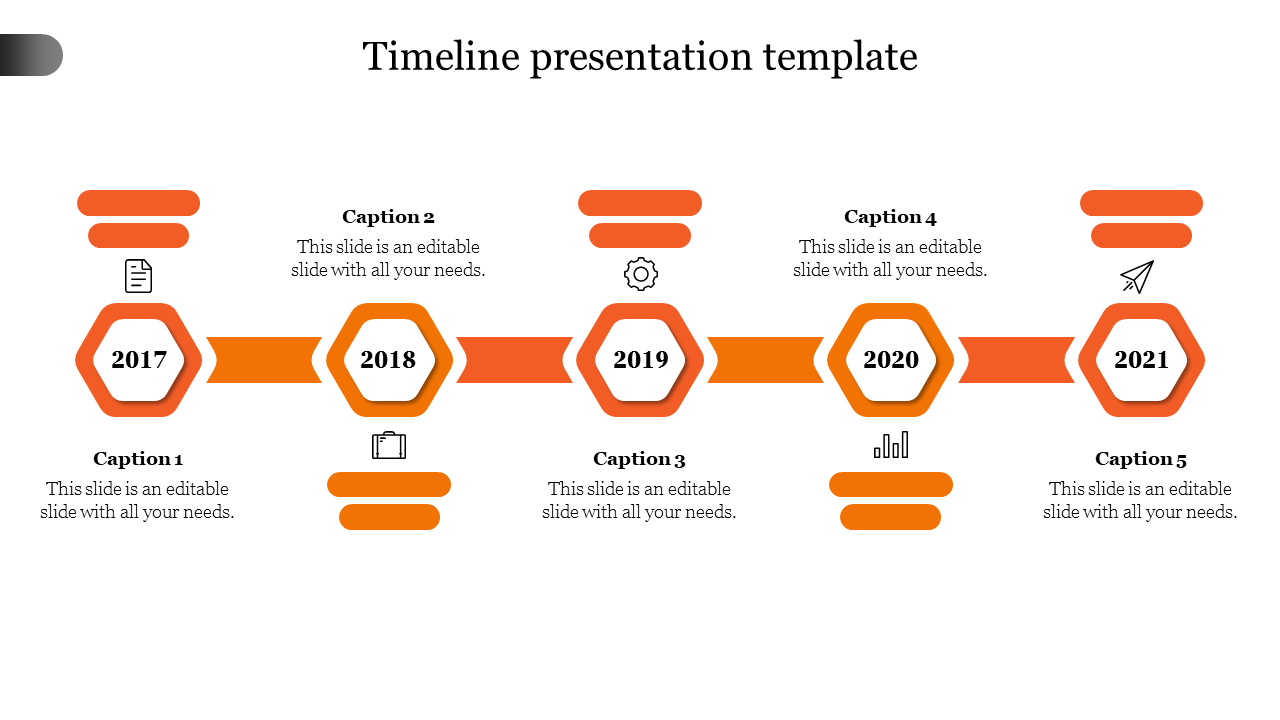 Orange-themed timeline featuring hexagonal shapes for years 2017 to 2021, each with icons and caption areas.