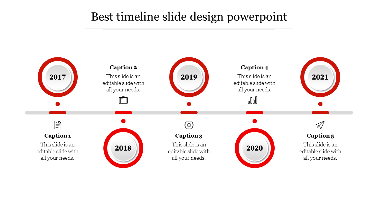 A visually appealing timeline slide featuring years from 2017 to 2021 with circular markers and captions.