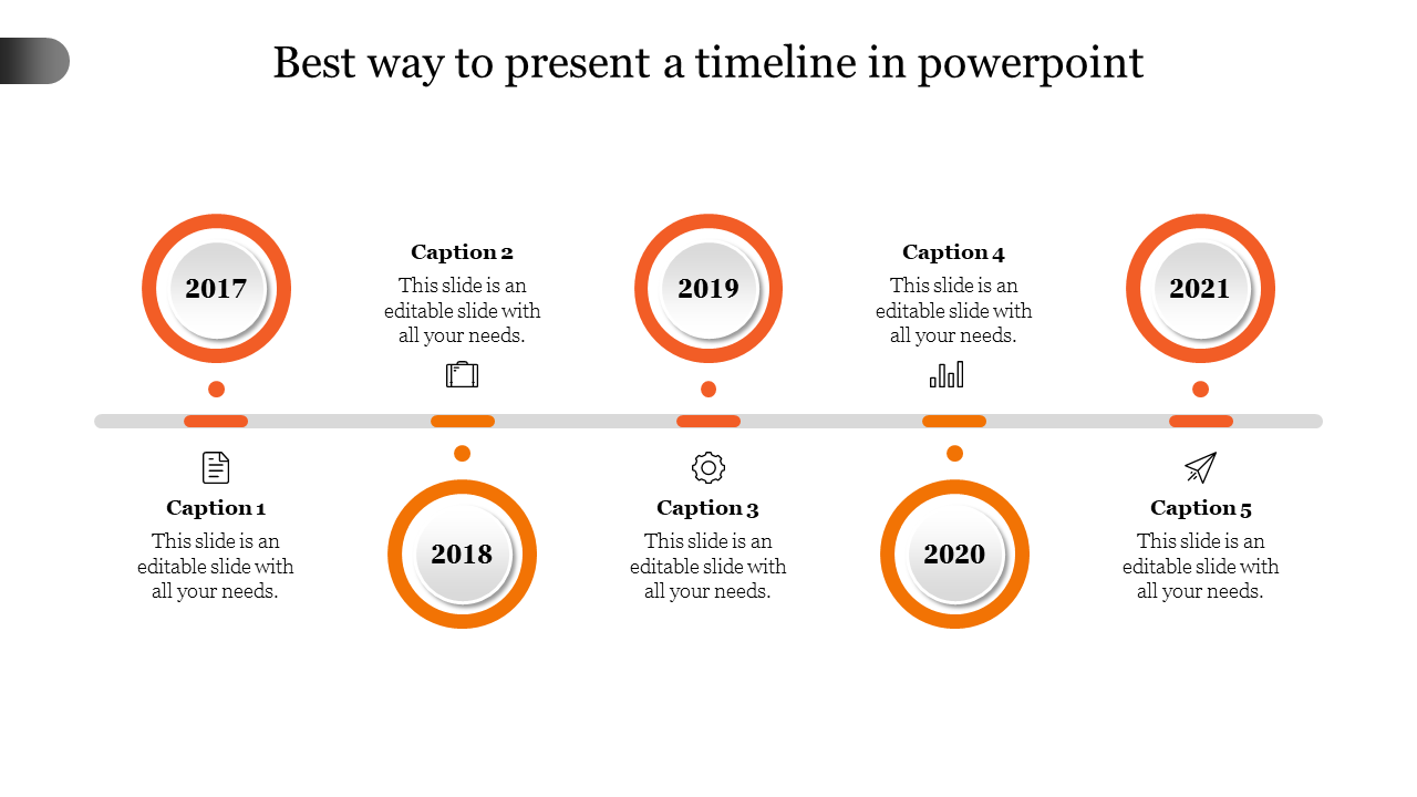 Timeline slide showing key milestones from 2017 to 2021, with captions and icons for each year along a horizontal line.