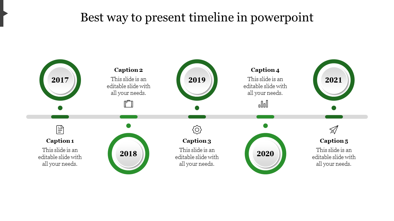 Timeline PowerPoint slide showing key years from 2017 to 2021 with captions and icons.