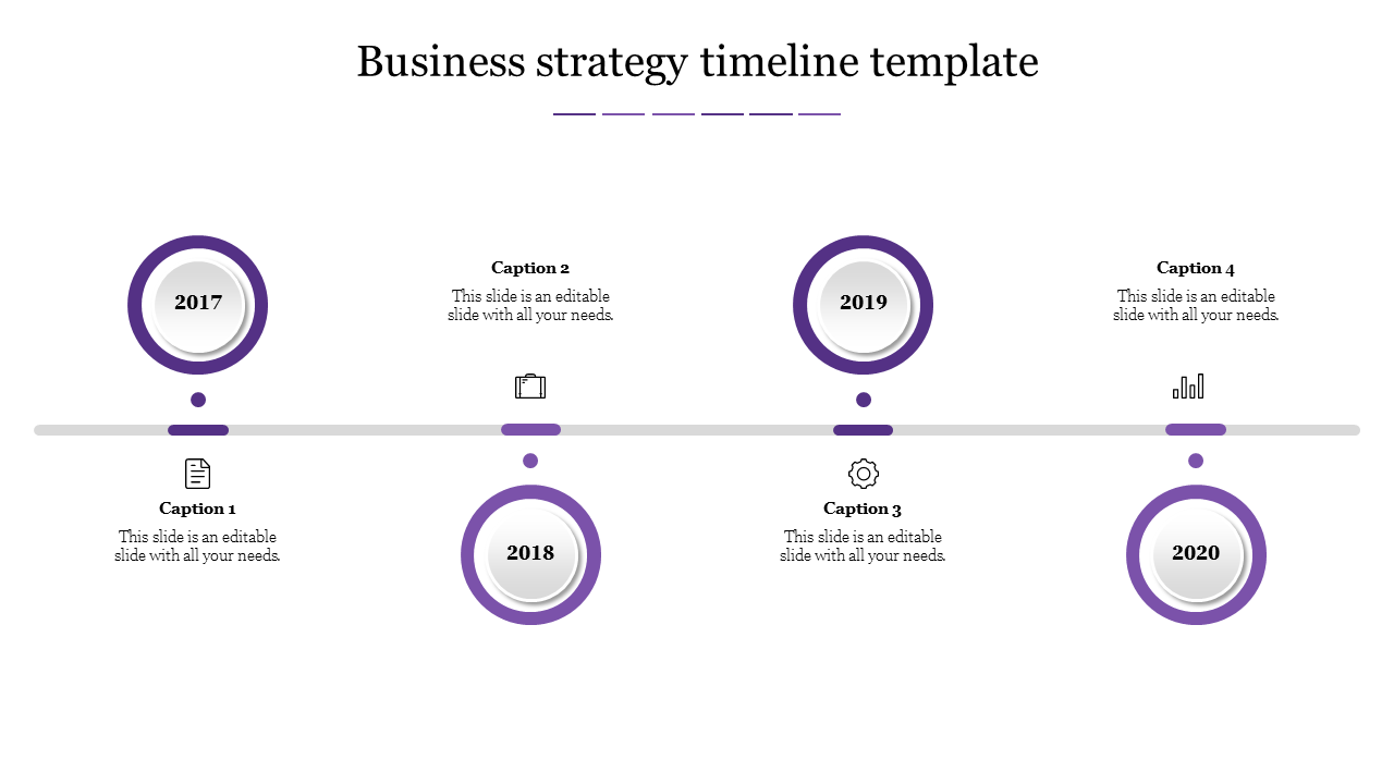 A business strategy timeline slide featuring a horizontal layout with years 2017, 2018, 2019, and 2020 with caption texts.