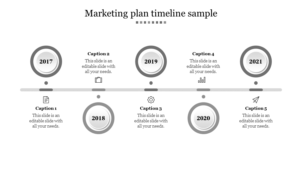 Timeline showing five circular gray milestones from 2017 to 2021, connected by a line, each with icon and  captions.