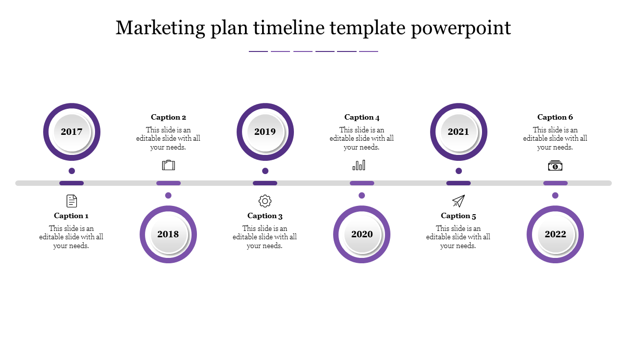 Horizontal timeline with six purple circular milestones from 2017 to 2022, each with icon and captions.